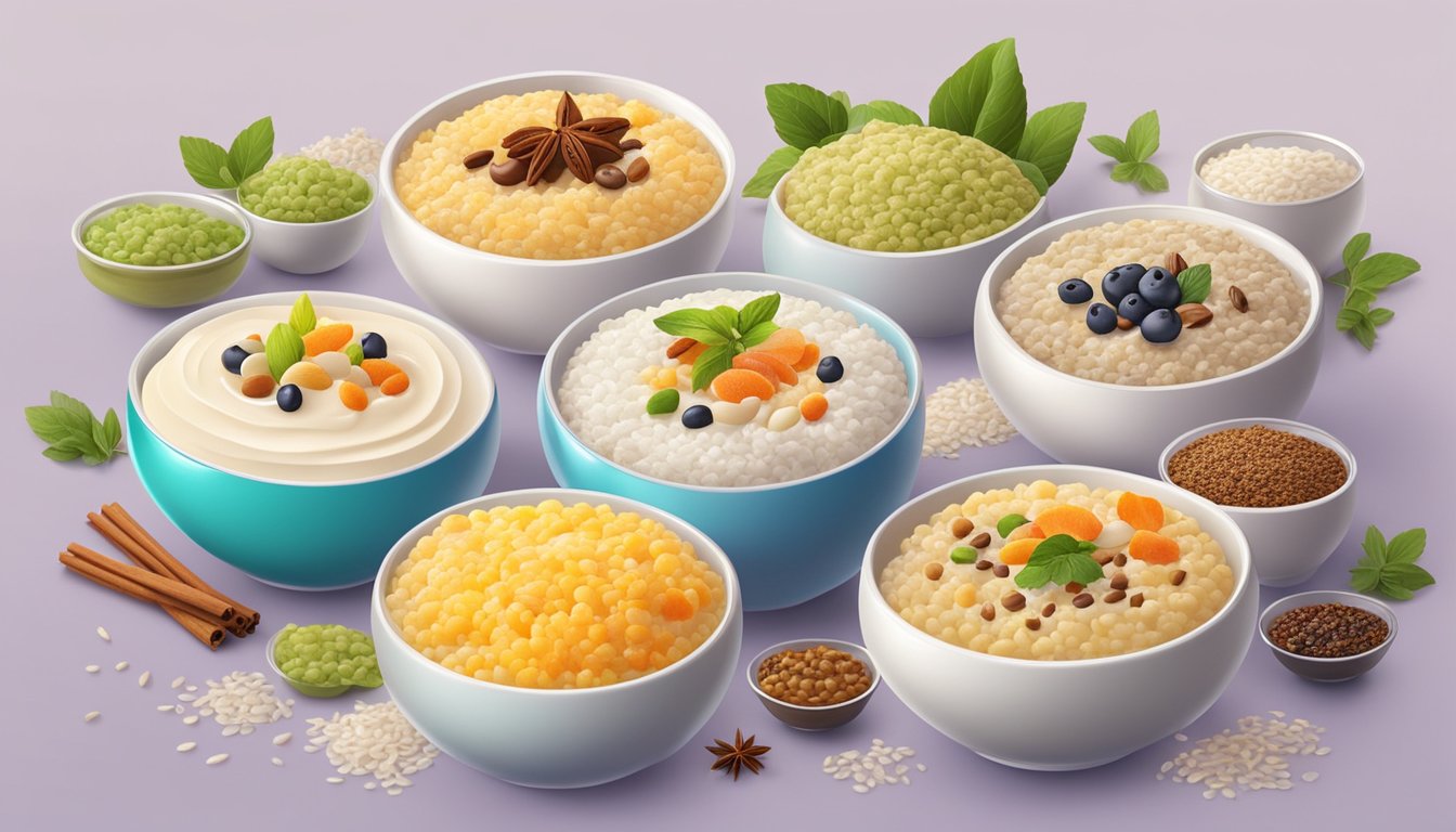 A table filled with bowls of instant rice pudding in various flavors and toppings, surrounded by colorful ingredients and spices