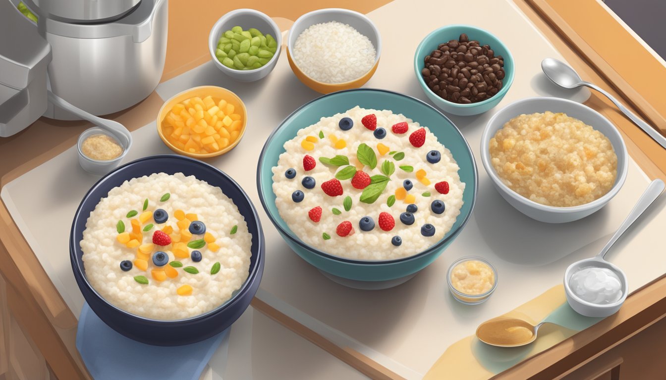 A bowl of instant rice pudding with various toppings and mix-ins spread out on a kitchen counter