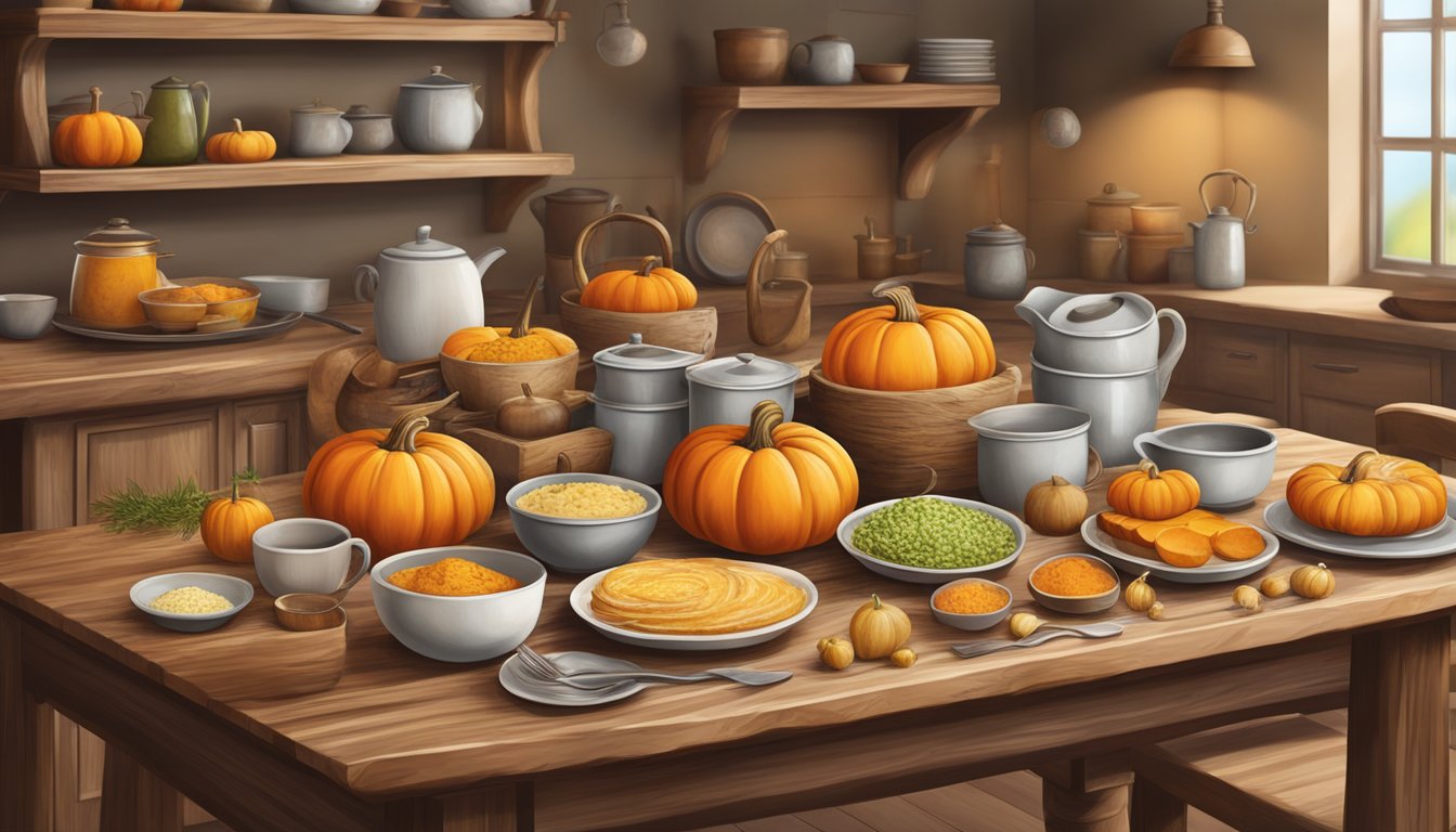 A rustic kitchen table set with savory pumpkin dishes and various ingredients