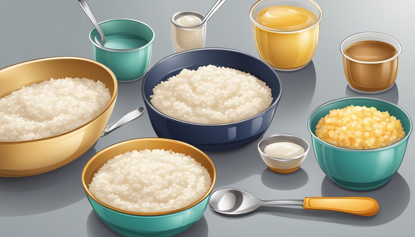 A kitchen counter with various containers of instant rice pudding and serving utensils