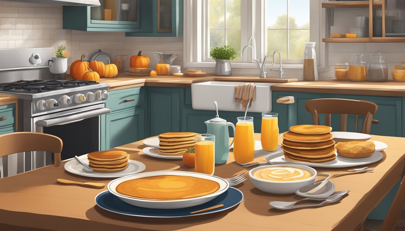 A cozy kitchen with a table set for brunch, featuring a spread of pumpkin-infused dishes like pancakes, muffins, and smoothies