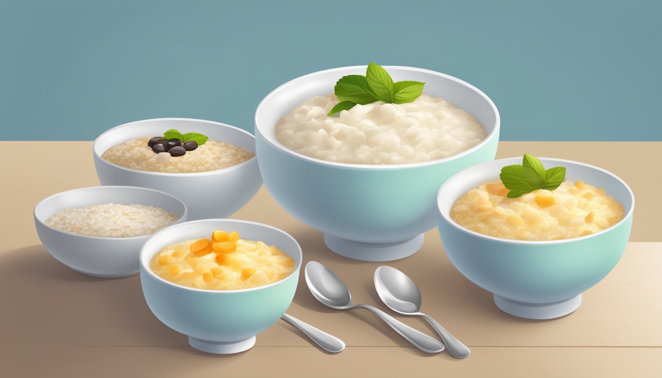 A table with bowls of instant rice pudding, each with different variations to accommodate special diets and allergies