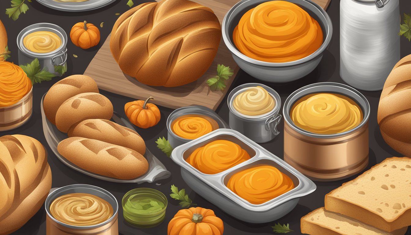 A variety of breads and rolls surrounded by cans of pumpkin puree and ingredients for recipes