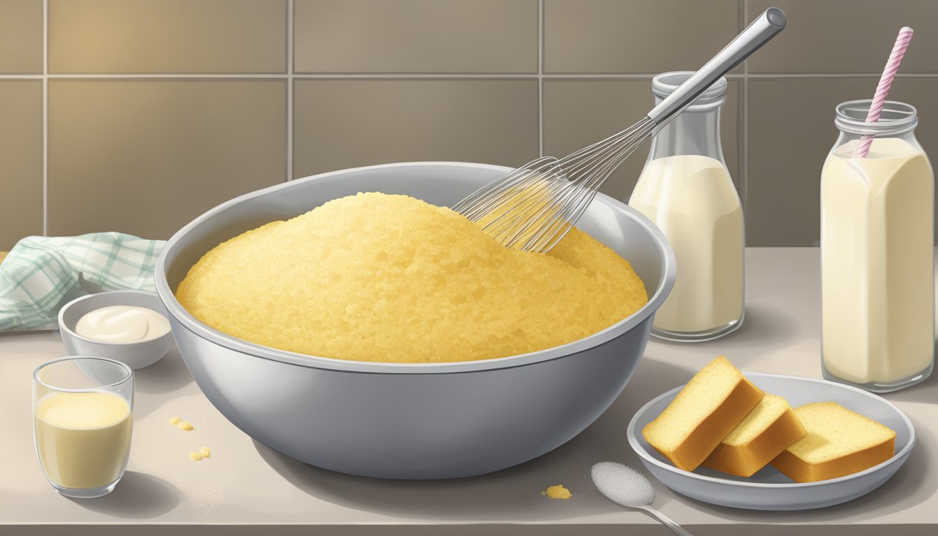 A mixing bowl filled with boxed cornbread mix, a measuring cup of milk, and a whisk on a kitchen counter