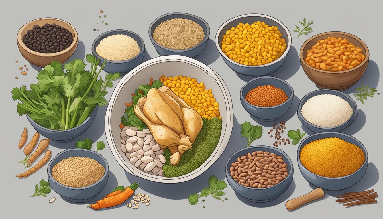 A variety of protein options (chicken, tofu, beans) arranged around a bowl of grains and vegetables, with colorful spices and herbs scattered around