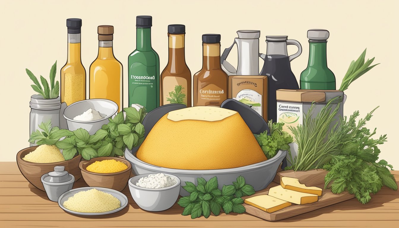 A variety of ingredients and tools arranged around a boxed cornbread mix, including fresh herbs, cheese, and a mixing bowl