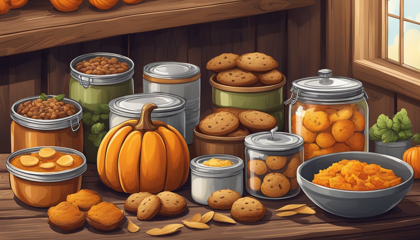 A cozy kitchen with a variety of canned pumpkin dishes, including muffins, cookies, and savory snacks, displayed on a rustic wooden table