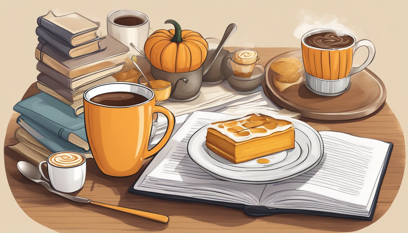 A cozy kitchen table with a steaming mug of spiced pumpkin latte and a stack of recipe books open to pages featuring pumpkin-based dishes