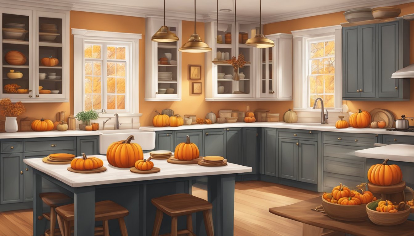 A cozy kitchen with pumpkins, cinnamon sticks, and fall foliage. A warm, inviting atmosphere with a hint of holiday cheer