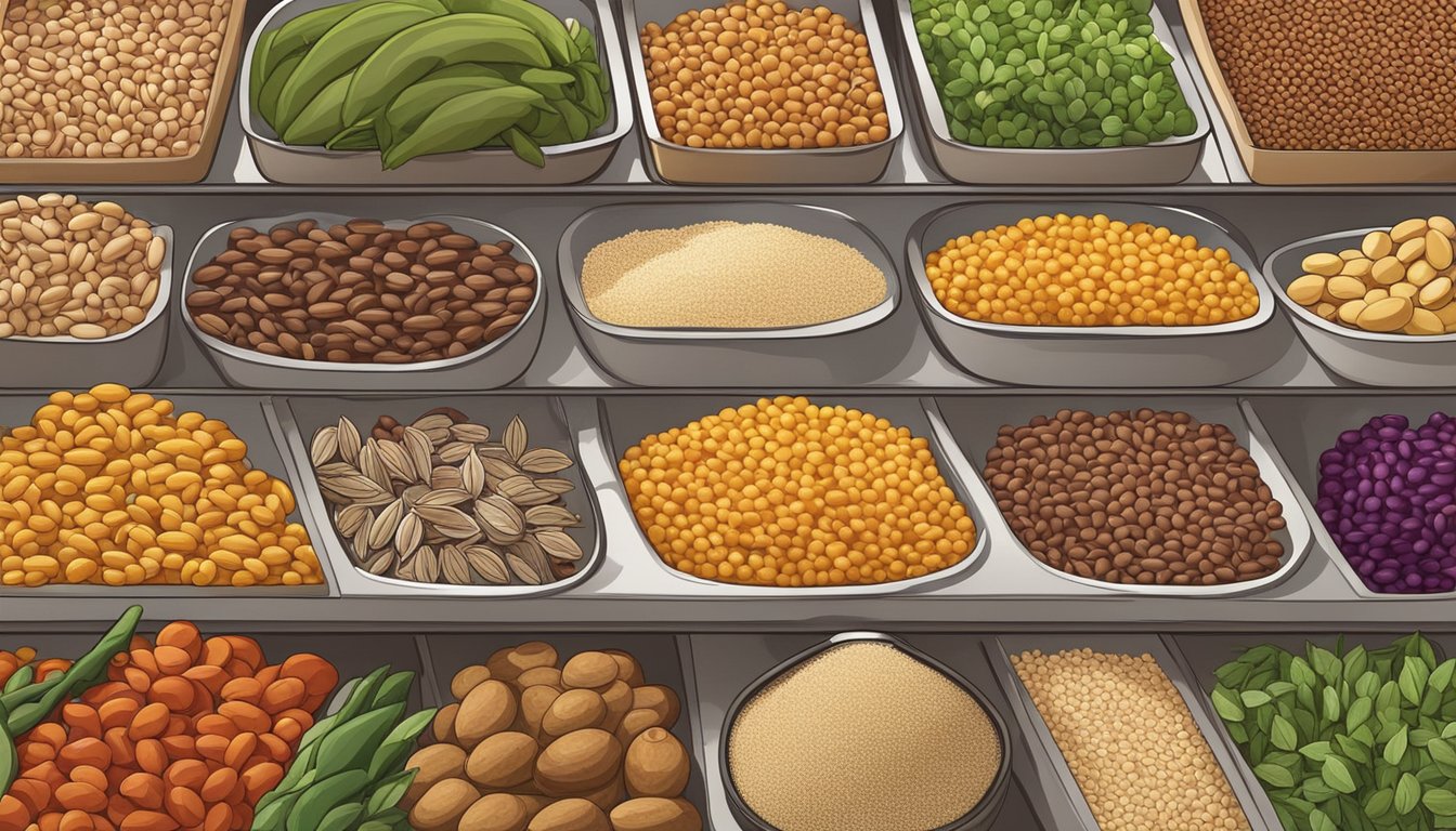 A variety of grains, beans, and colorful vegetables neatly arranged in a pantry, ready for meal preparation