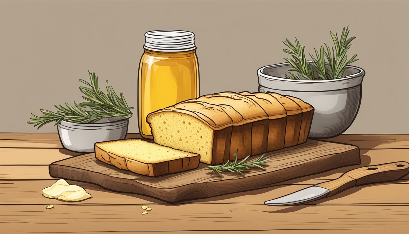 A rustic wooden table with a freshly baked cornbread loaf, surrounded by a jar of honey, a pat of butter, and a sprig of rosemary