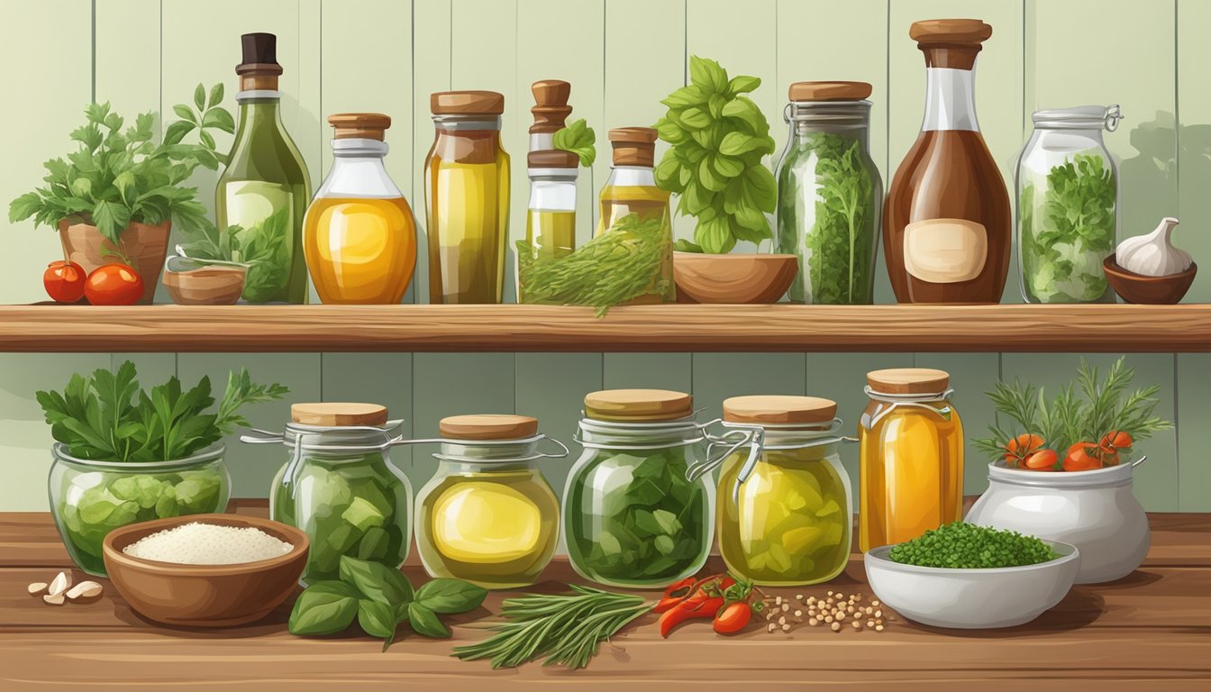 A colorful array of fresh herbs, oils, vinegars, and spices arranged neatly on a wooden countertop, ready to be mixed and blended into homemade salad dressings