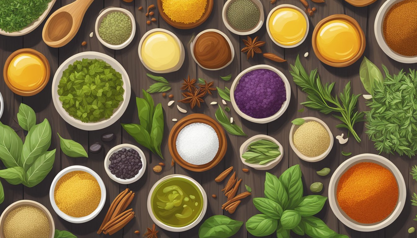 A colorful array of herbs, spices, and flavor boosters arranged on a wooden countertop, ready to be used in creating delicious pantry-based salad dressings