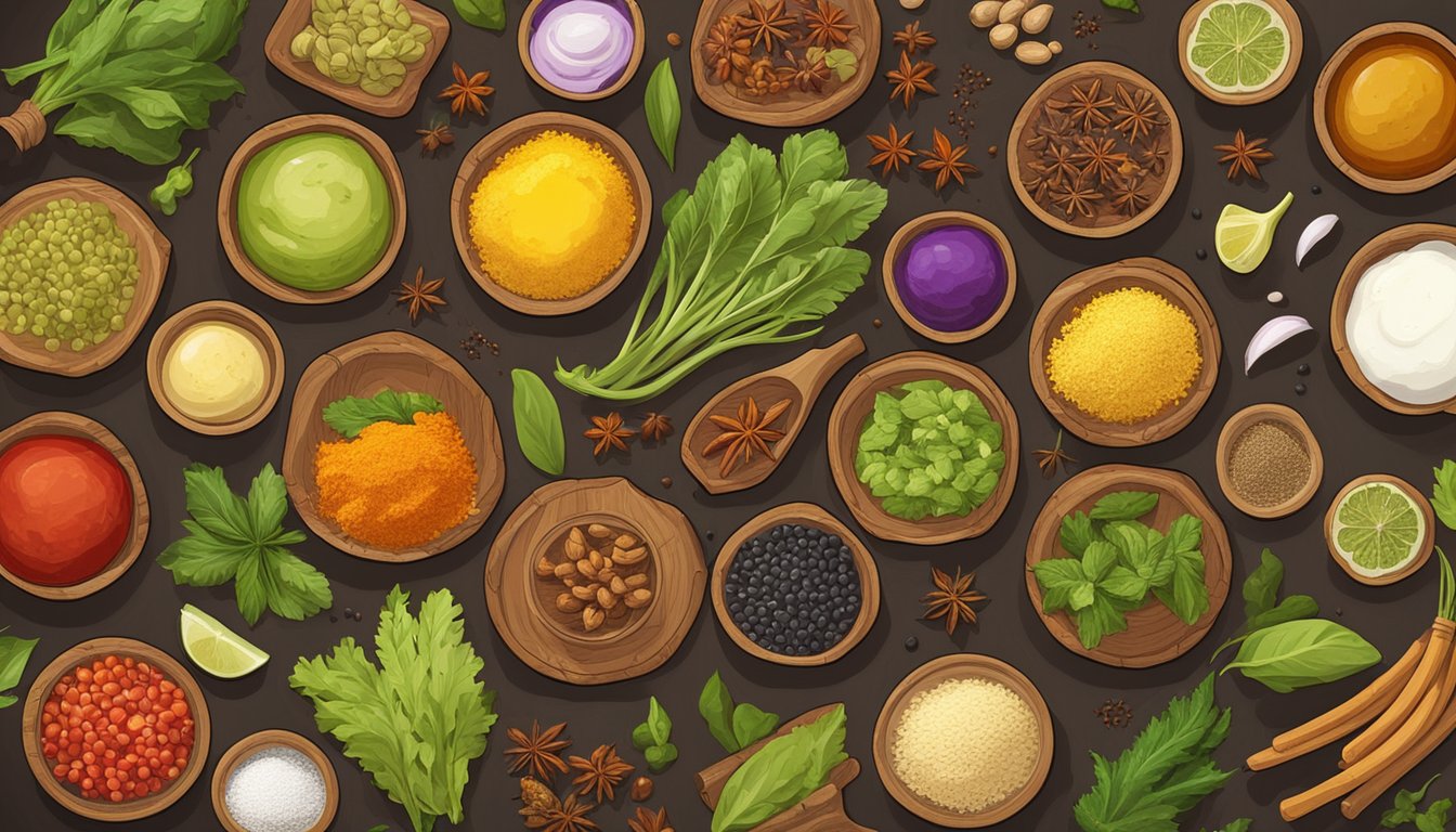 A colorful array of exotic ingredients and spices arranged on a wooden countertop, ready to be mixed into unique and flavorful salad dressings