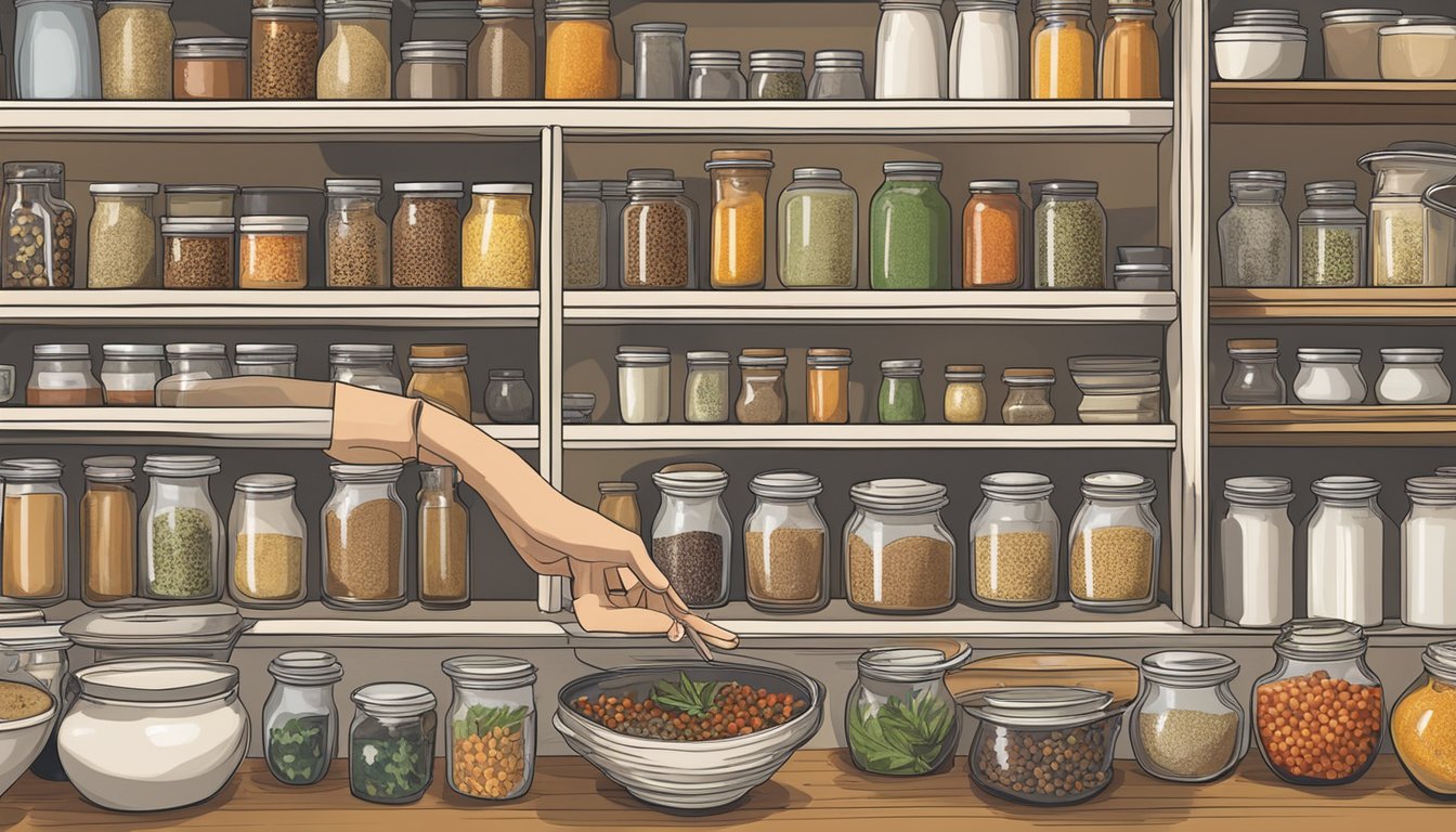 A hand reaching for various jars of spices and herbs on a cluttered pantry shelf, with a casserole dish on the counter ready for customization