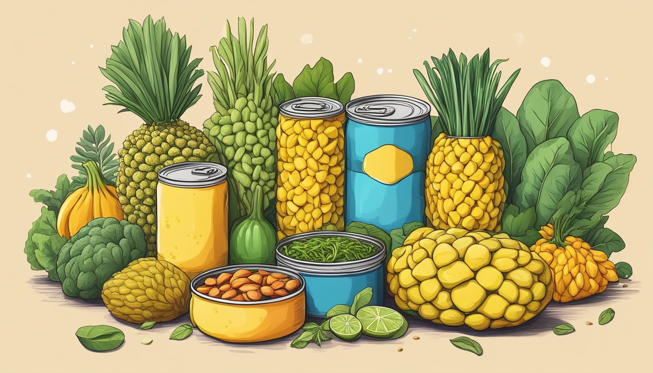 A colorful array of canned jackfruit, surrounded by vibrant vegetables and herbs, ready to be transformed into delicious vegan meat alternatives