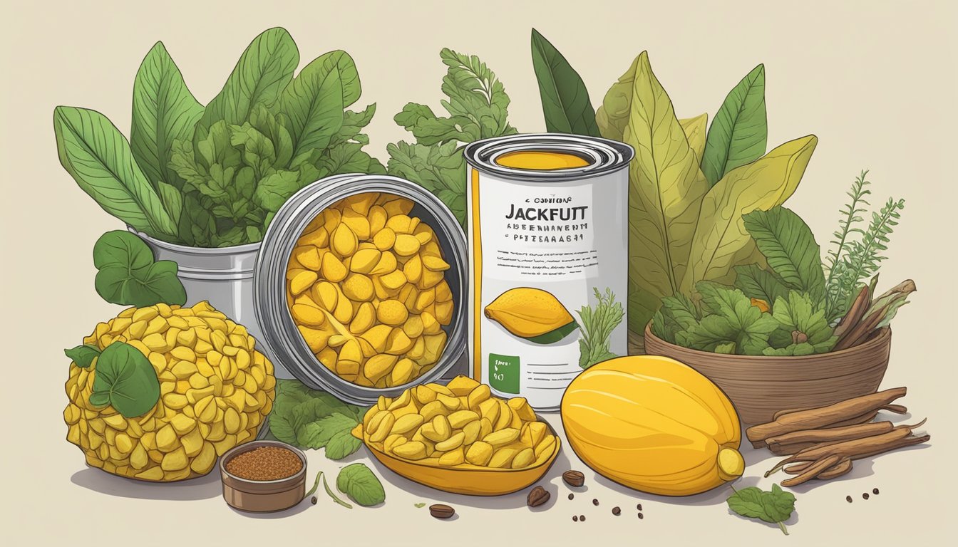 A colorful array of canned jackfruit surrounded by various herbs and spices, with a recipe book open to a page on meat alternatives