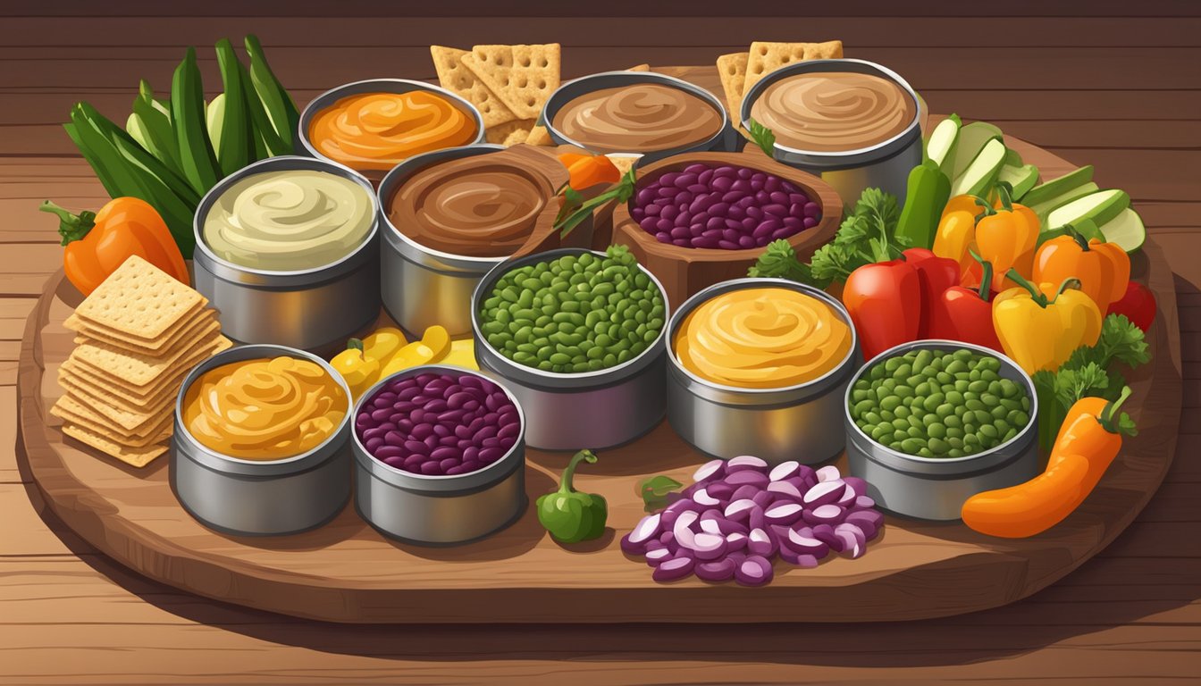 A variety of canned bean dips and spreads arranged on a wooden serving platter with colorful vegetables and crackers scattered around