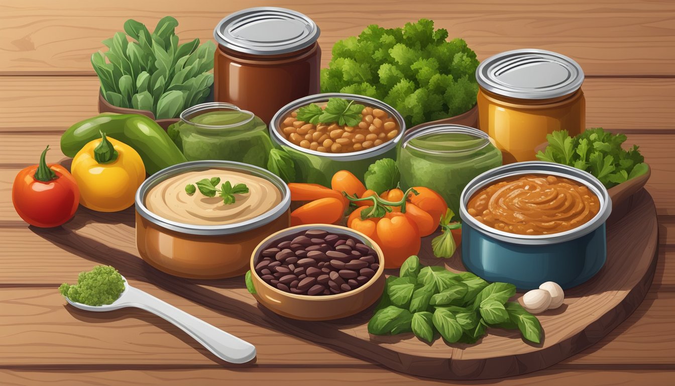 A variety of canned bean dips and spreads surrounded by colorful vegetables and herbs on a wooden cutting board