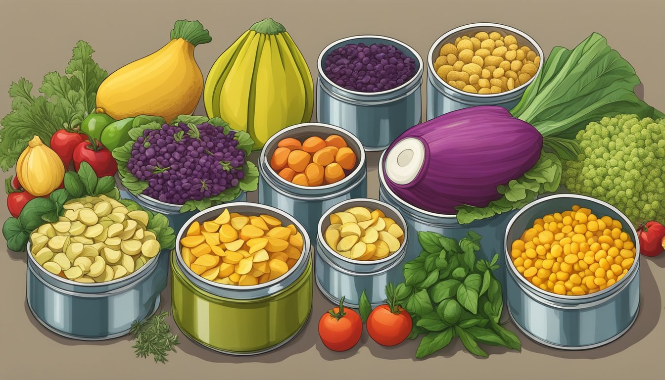 A colorful array of canned jackfruit, surrounded by fresh vegetables and herbs, ready to be transformed into healthy, meat-free dishes