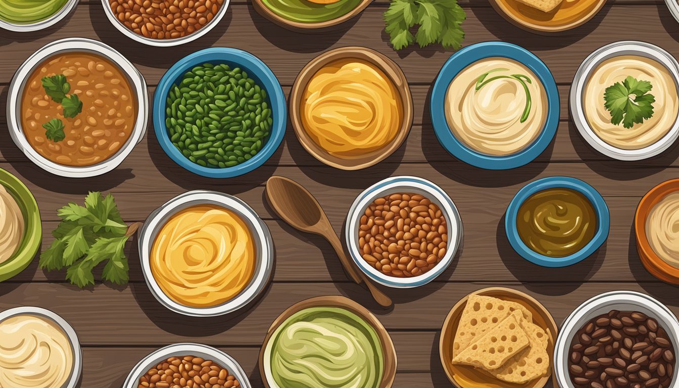 A variety of canned bean dips and spreads arranged on a wooden table with colorful bowls and serving utensils