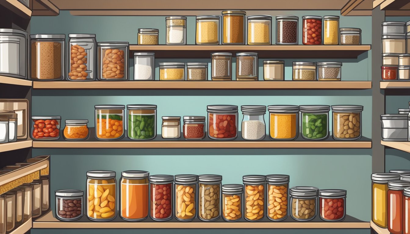 A variety of canned and dried ingredients, such as beans, tomatoes, and broth, neatly arranged on shelves in a well-stocked pantry