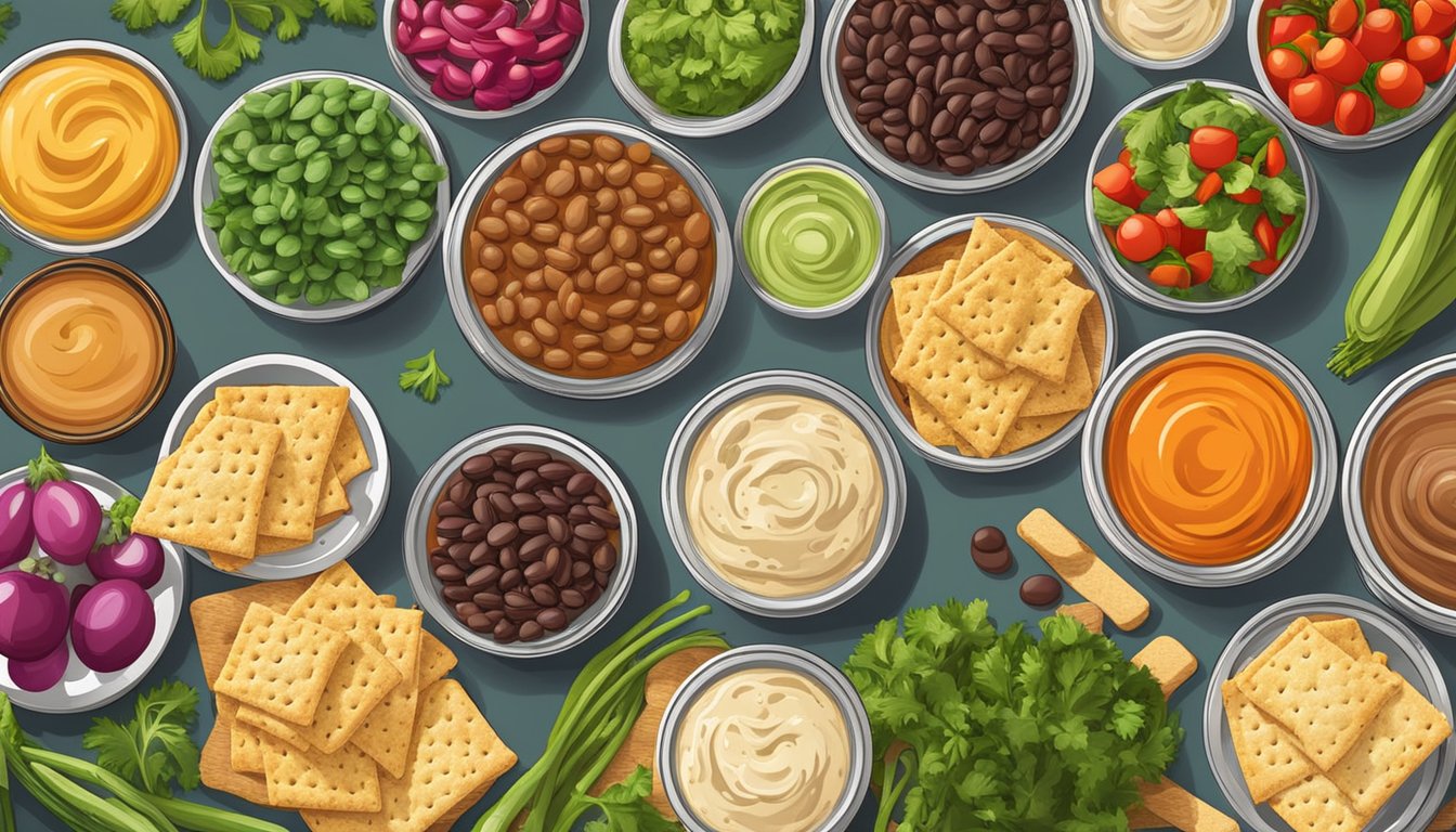 A picnic table set with an array of colorful canned bean dips and spreads, surrounded by fresh vegetables and crispy crackers