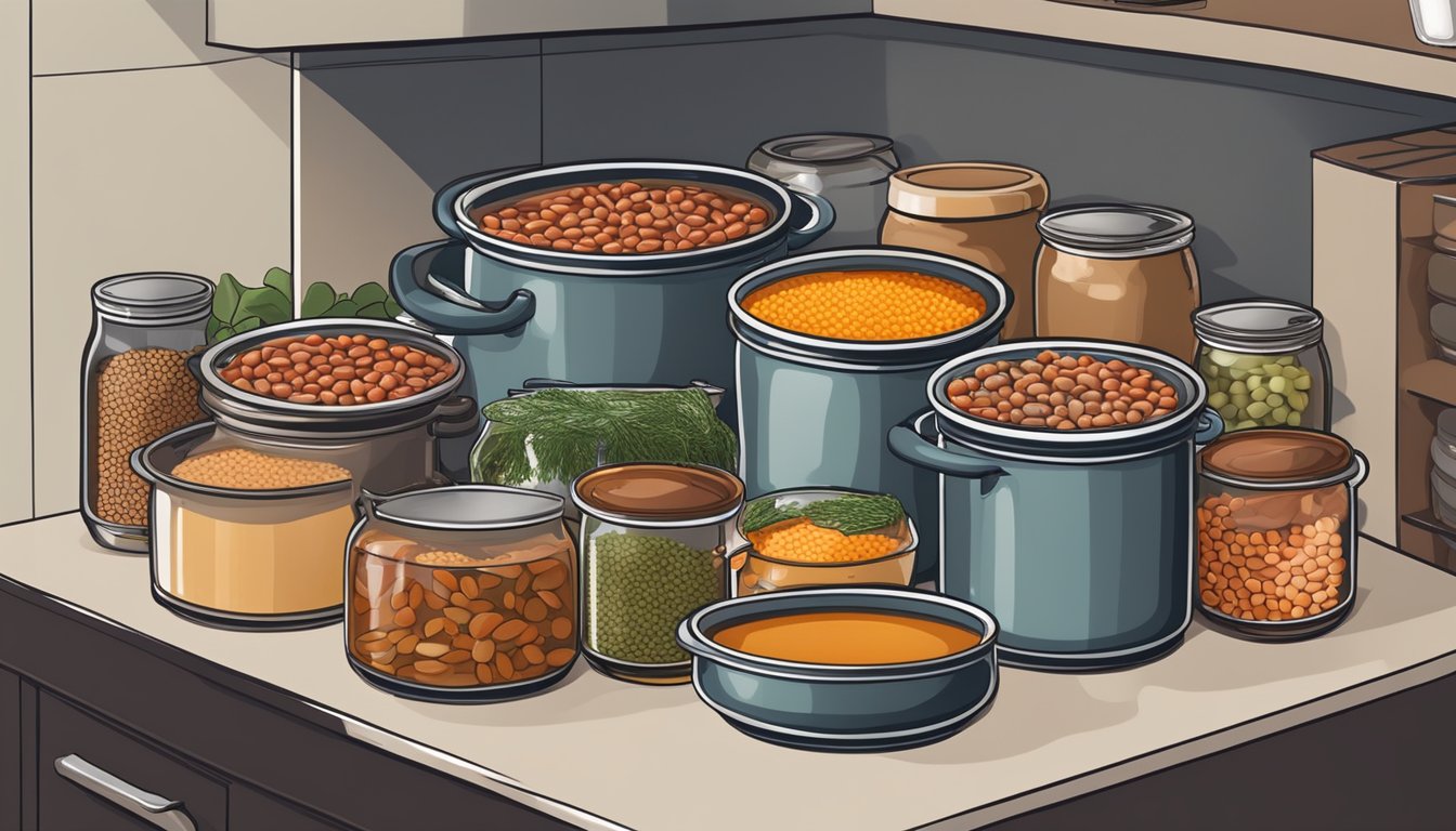 A well-stocked pantry with cans of beans, lentils, and assorted meats. A pot of hearty soup simmering on the stove