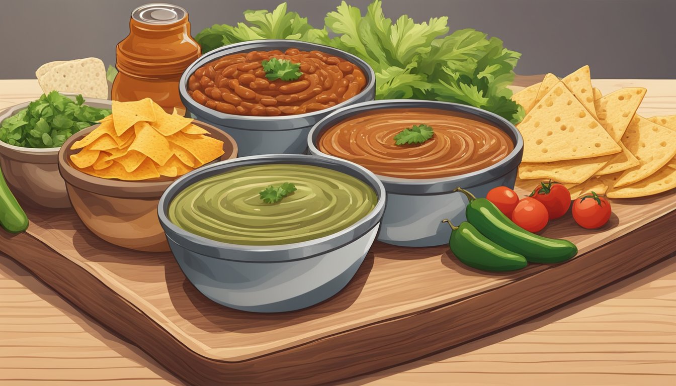 A colorful array of canned bean dips and spreads arranged on a wooden serving board, surrounded by fresh vegetables and crispy tortilla chips