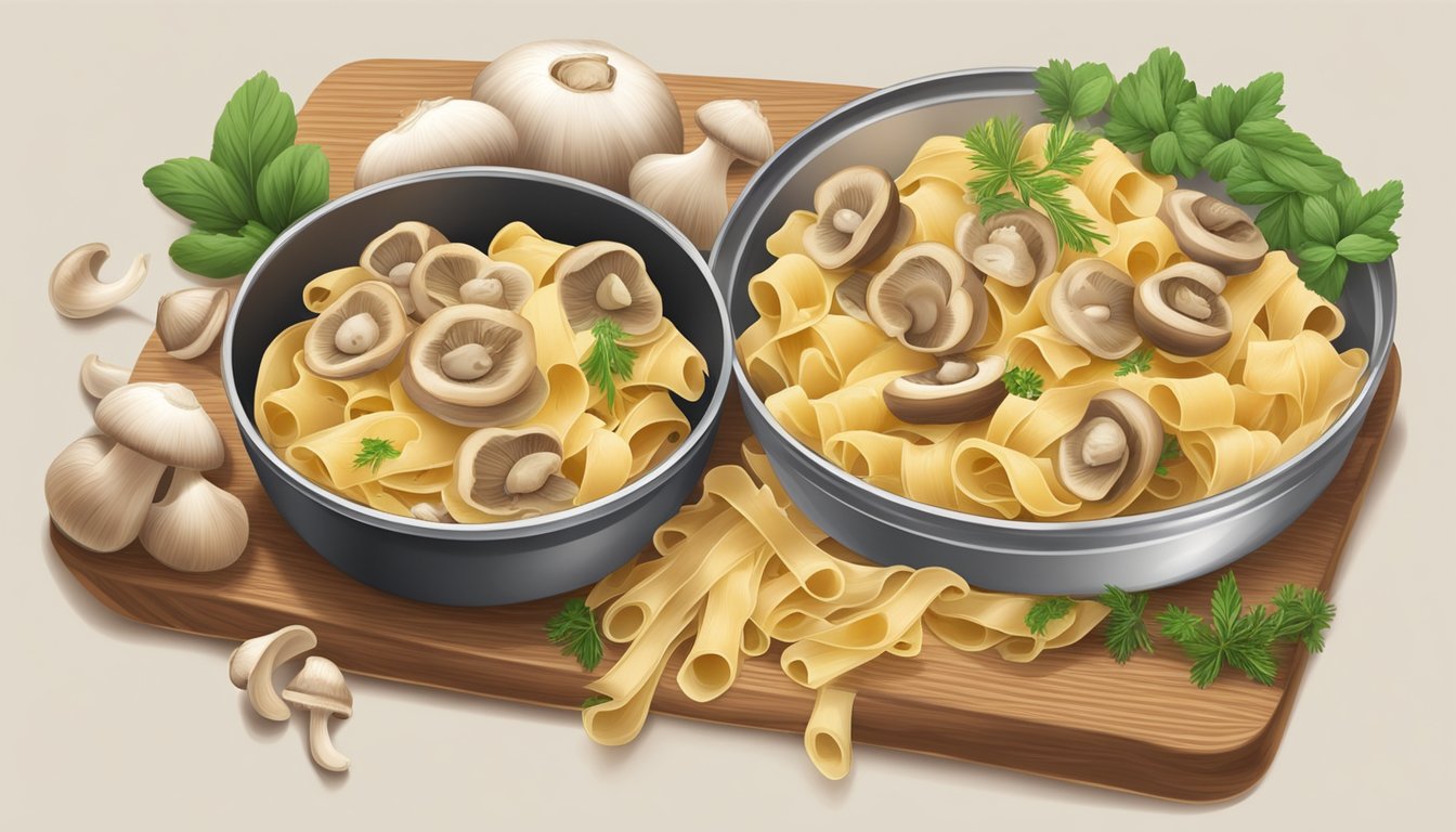 A can of mushrooms surrounded by fresh pasta, garlic, and herbs on a wooden cutting board