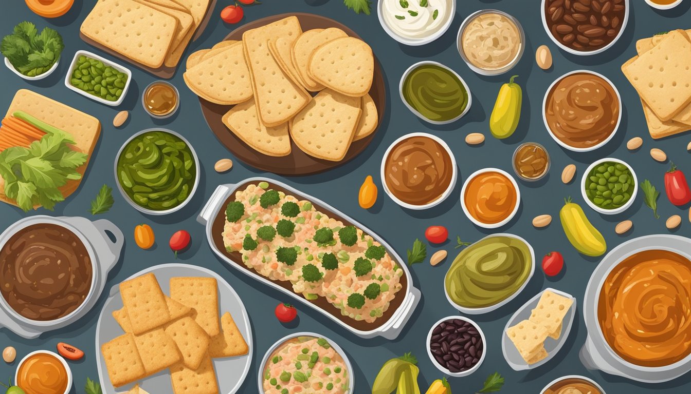 A table spread with an assortment of canned bean dips and spreads, surrounded by a variety of accompaniments such as crackers, bread, and vegetables