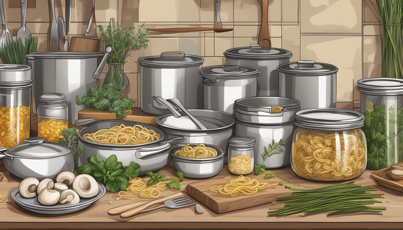 A kitchen counter with open cans of mushrooms, pasta, herbs, and cooking utensils laid out for a recipe illustration