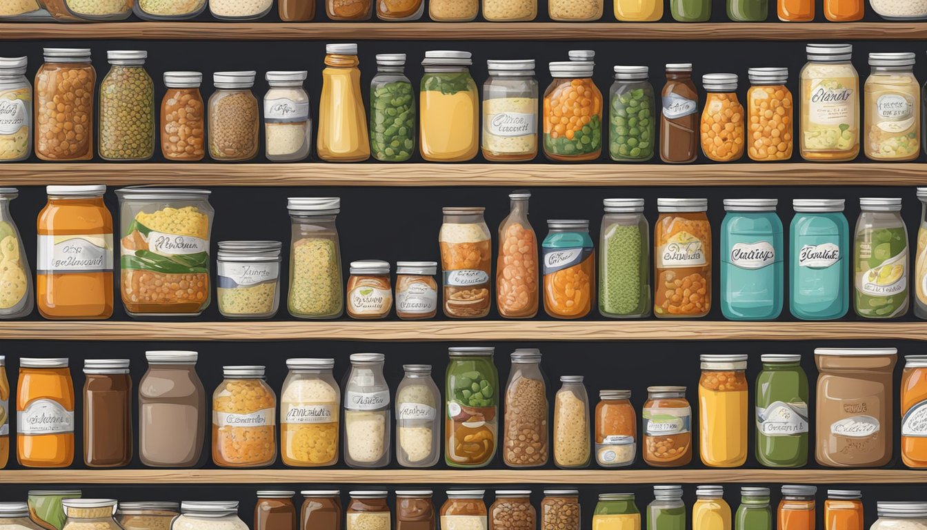 A cluttered pantry shelf with cans and jars of various soups and stews, showcasing the texture and thickness of the ingredients