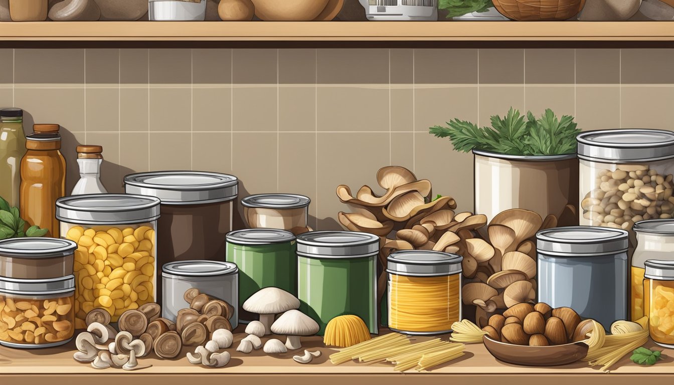 A variety of mushrooms in a pantry with cans, pasta, and other ingredients spread out on a kitchen counter