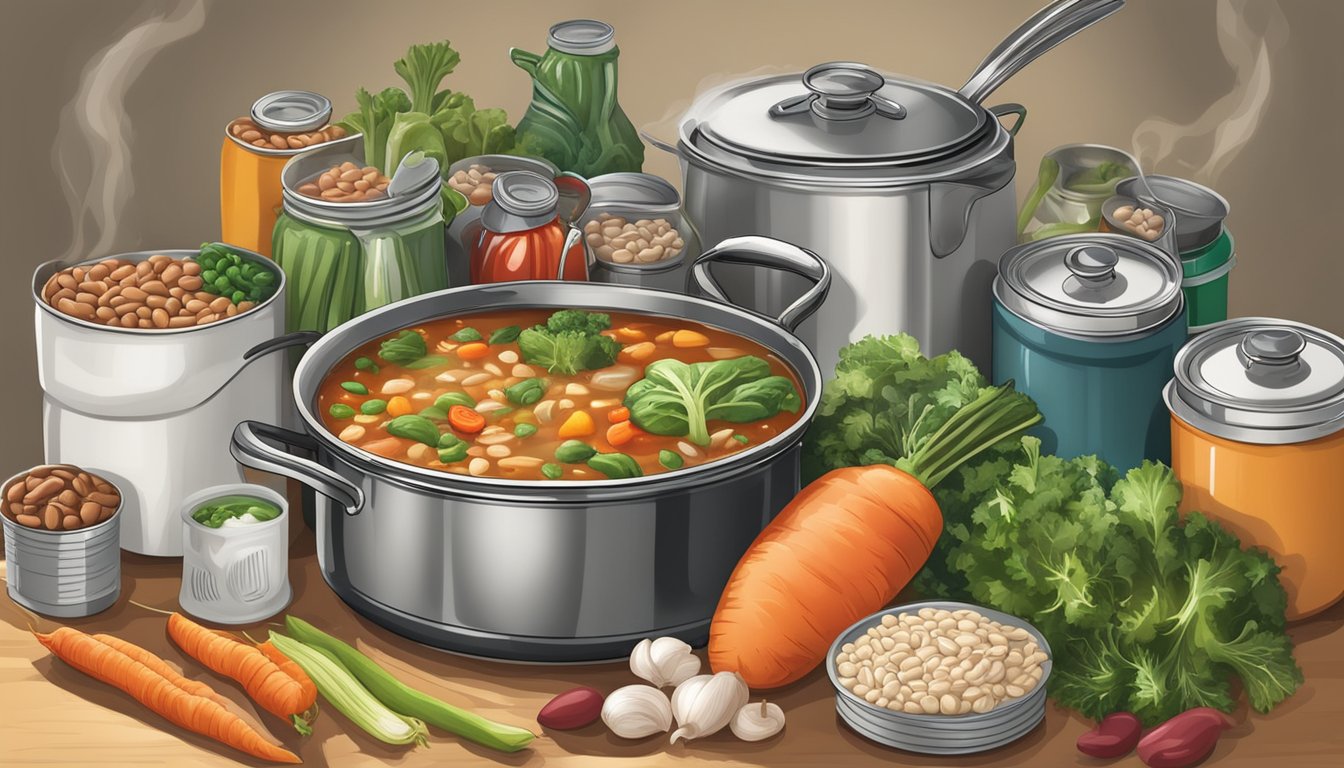 A steaming pot of hearty soup surrounded by cans of beans and vegetables on a cluttered kitchen counter