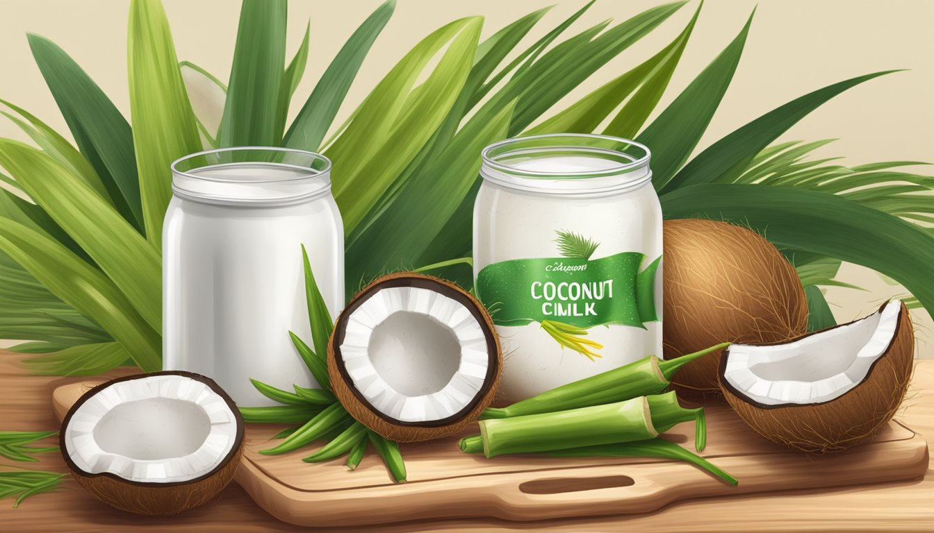 A can of coconut milk surrounded by fresh ingredients like lemongrass, ginger, and chili peppers on a wooden cutting board