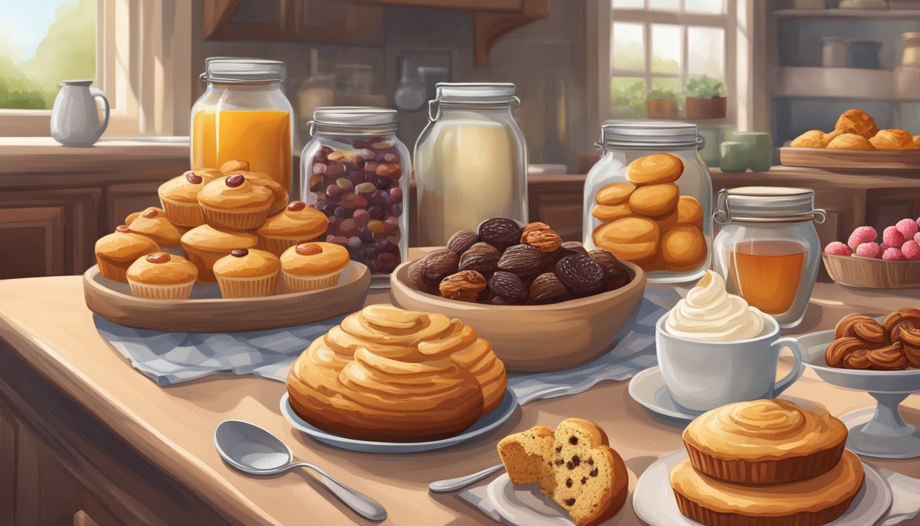 A cozy kitchen table set with a variety of freshly baked pastries, muffins, and sweet treats, alongside jars of preserves and spreads