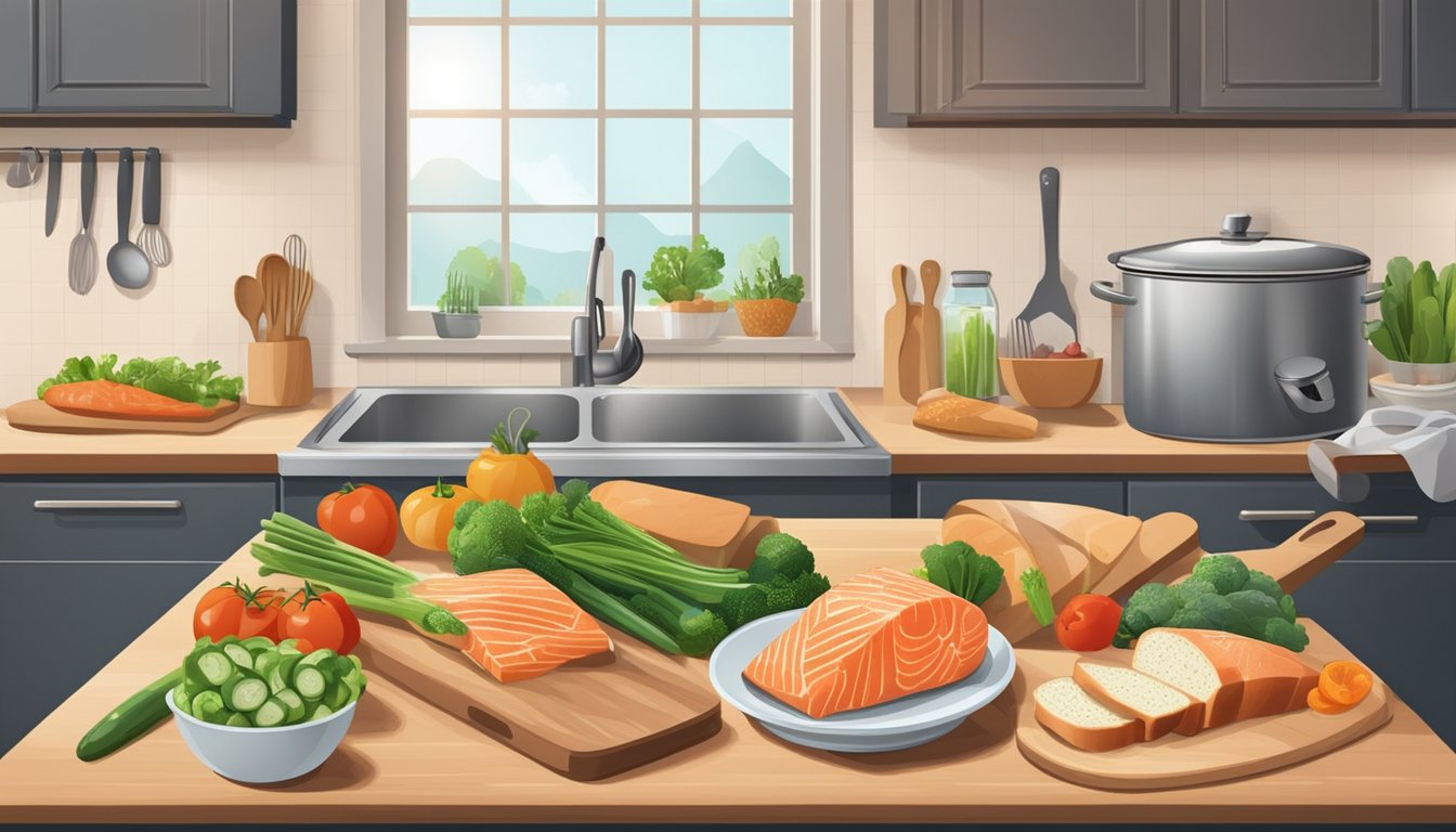 A kitchen counter with open cans of salmon, fresh vegetables, and bread, surrounded by cooking utensils and a cutting board