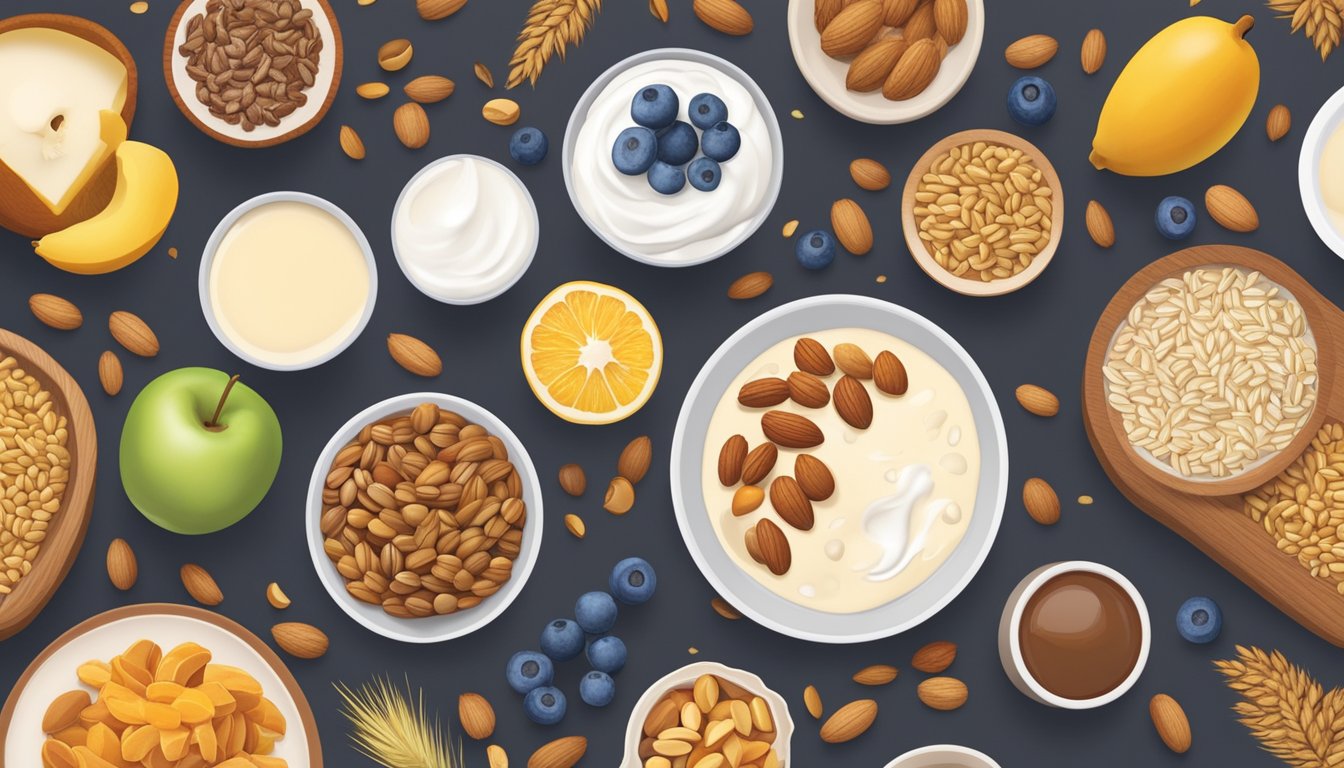 A colorful array of whole grains, nuts, fruits, and yogurt arranged neatly on a wooden breakfast table