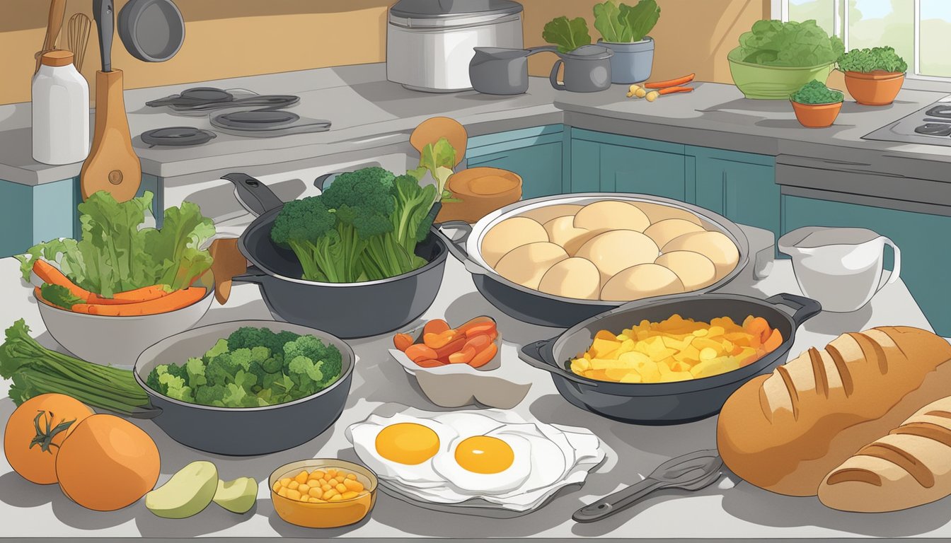 A colorful array of leftover ingredients like eggs, vegetables, and bread on a kitchen counter, with a steaming skillet and a mixing bowl nearby