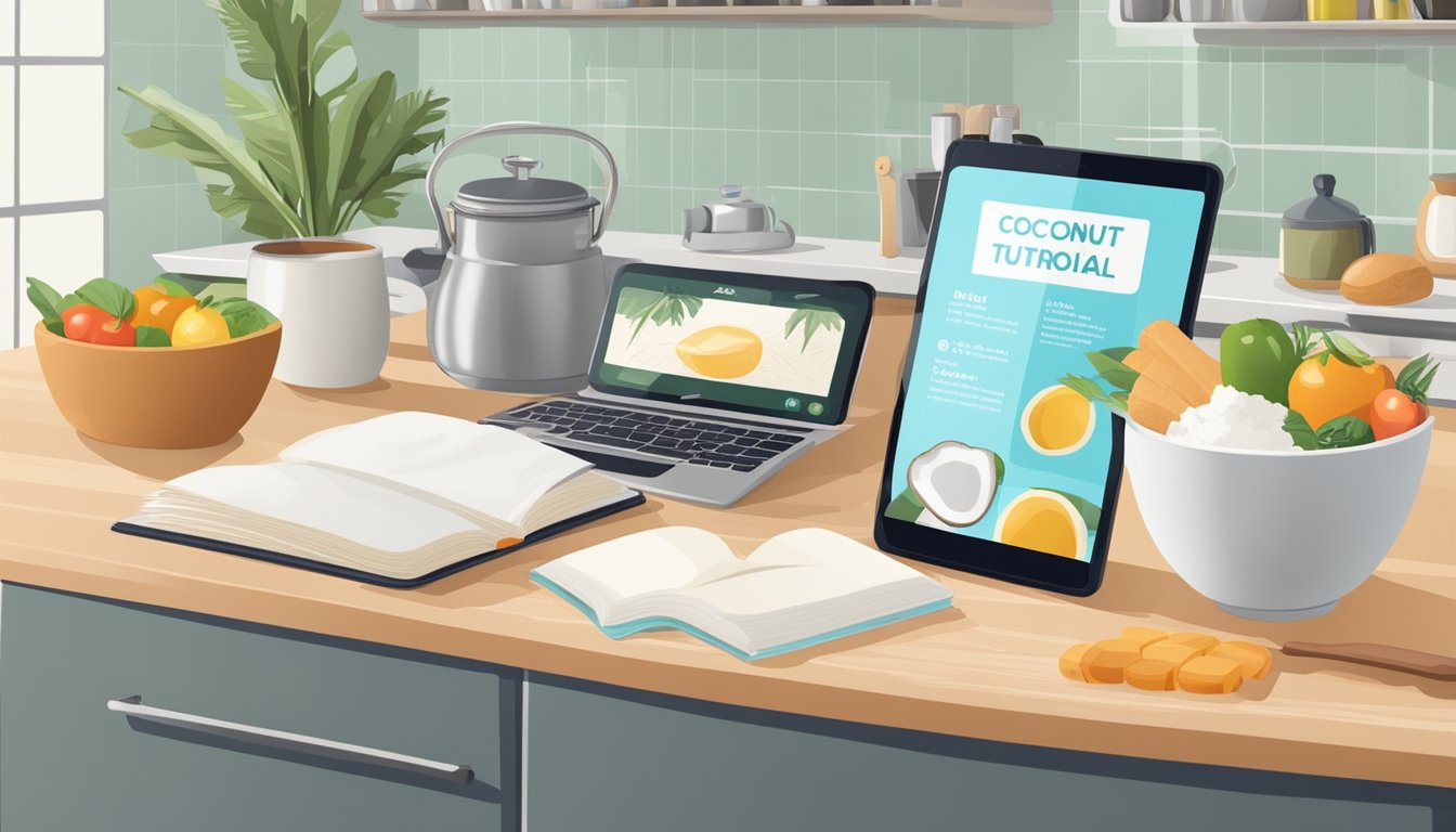 A kitchen counter with various ingredients and cooking utensils, including a can of coconut milk, surrounded by recipe books and a tablet displaying online tutorials