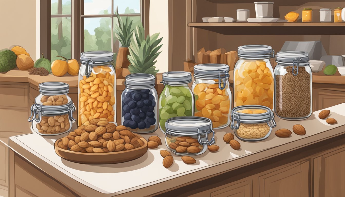 A well-stocked pantry with shelves filled with nuts, dried fruits, whole grain crackers, and jars of nut butter. A bowl of fresh fruit sits on the counter next to a cutting board and knife