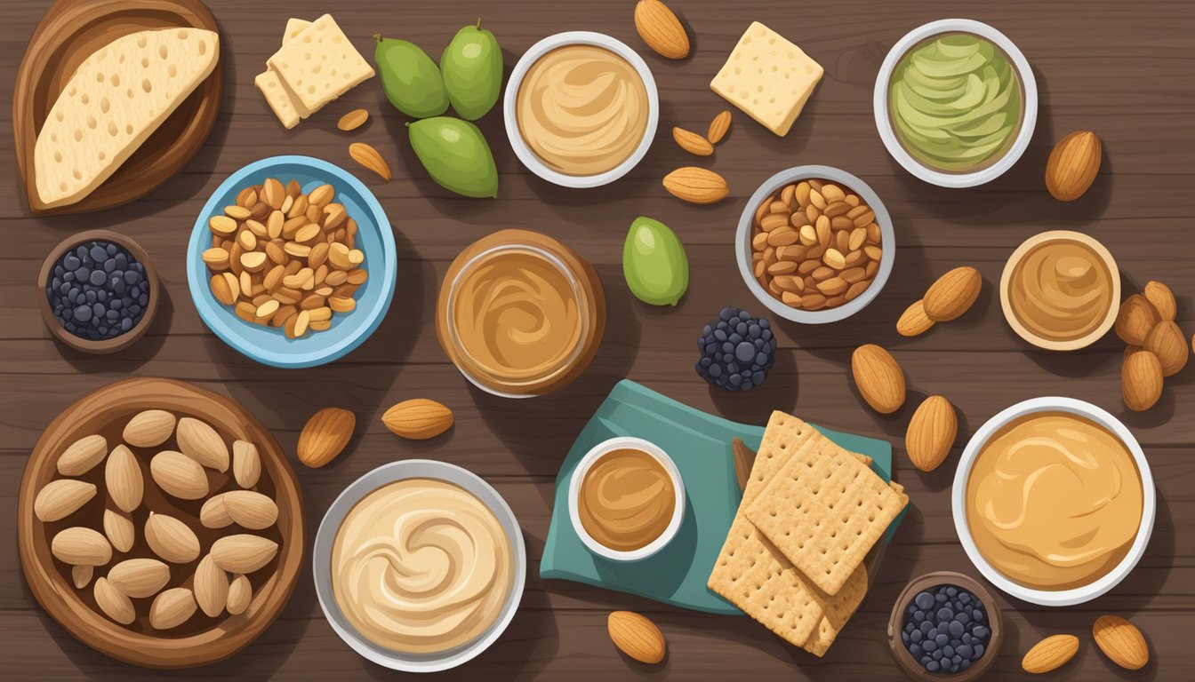 A variety of nuts, fruits, and whole grain crackers arranged on a wooden cutting board, with a jar of peanut butter and a bowl of hummus nearby