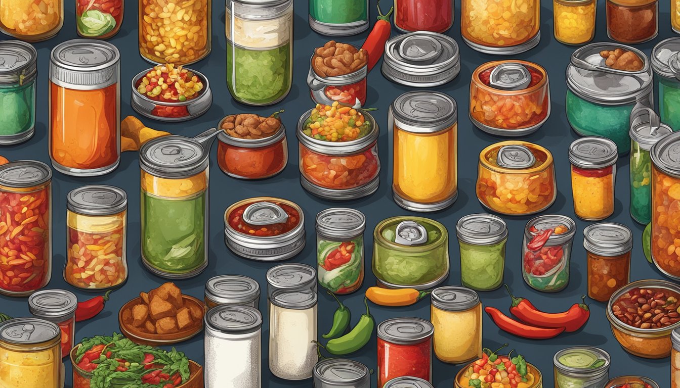 A variety of canned chili recipes surrounded by an assortment of colorful toppings