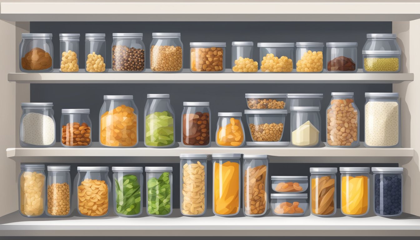 A well-organized pantry with shelves stocked with a variety of healthy and delicious snacks, including nuts, dried fruits, granola bars, and popcorn