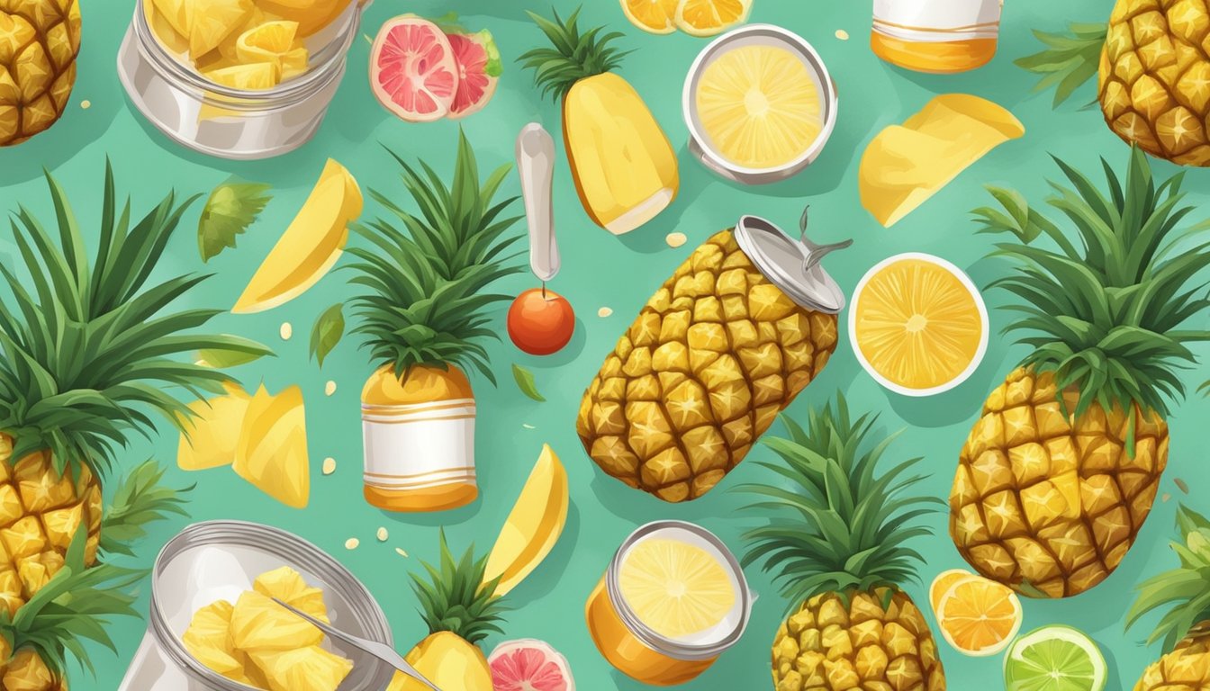 A hand reaching for a can of pineapples, surrounded by various ingredients and kitchen utensils for preparing sweet and savory recipes