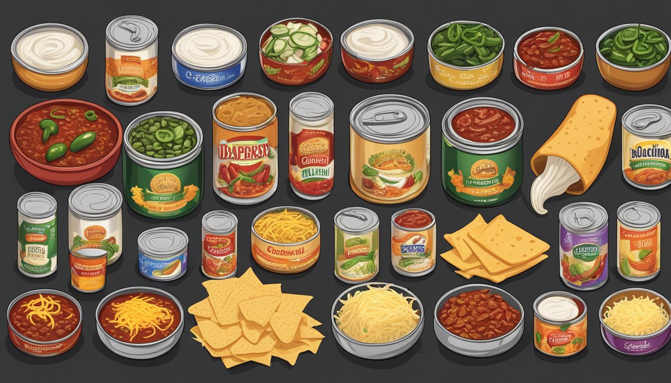 A variety of canned chili recipes surrounded by an assortment of toppings such as shredded cheese, diced onions, sour cream, and jalapenos