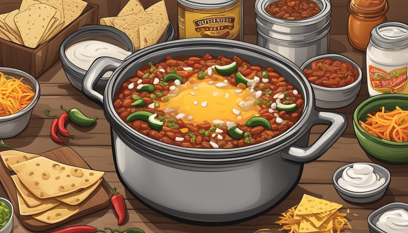 A steaming pot of canned chili surrounded by various toppings and add-ons, such as shredded cheese, diced onions, sour cream, and jalapenos