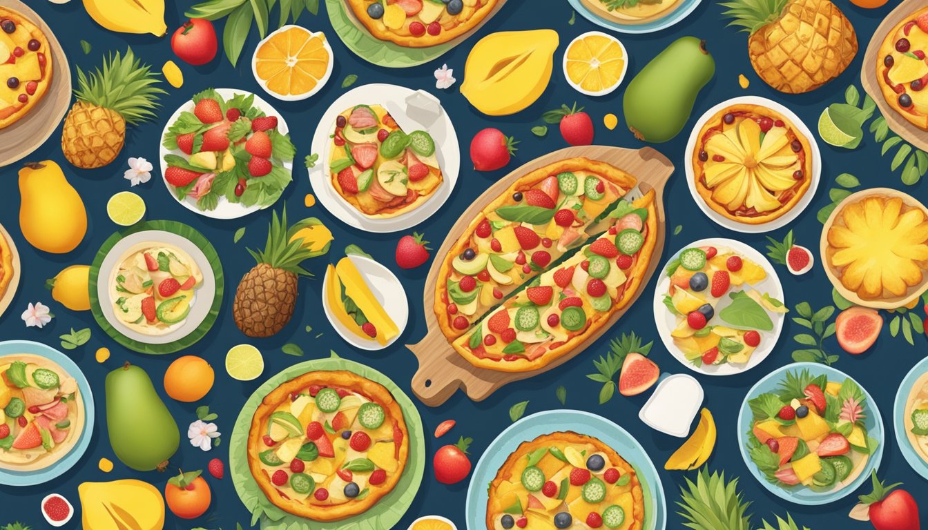 A table filled with dishes - pineapple pizza, teriyaki chicken, and upside-down cake - surrounded by tropical fruits and colorful ingredients