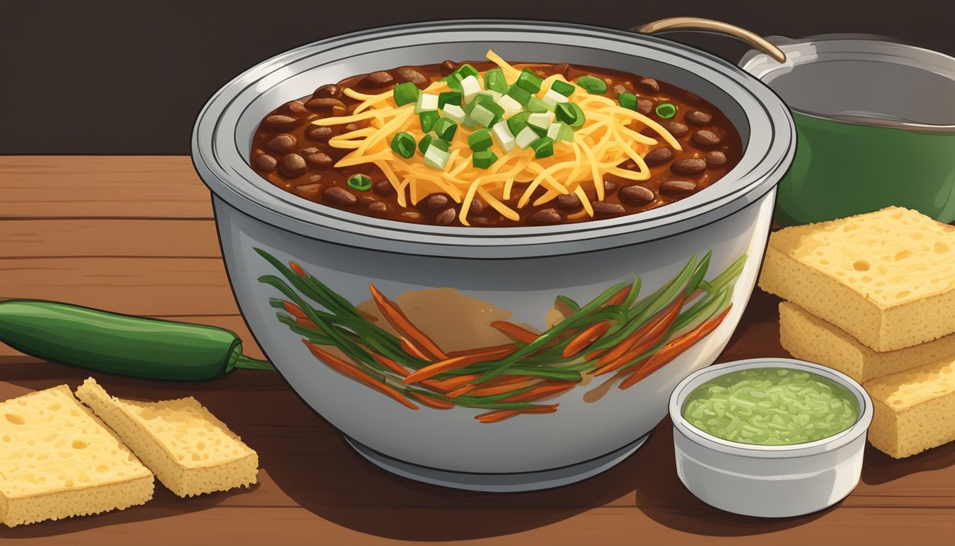 A steaming bowl of canned chili topped with shredded cheese and chopped green onions, accompanied by a side of warm cornbread